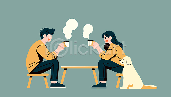 휴식 남자 두명 성인 성인만 여자 AI(파일형식) 일러스트 개 대화 들기 마주보기 반려견 앉기 의자 전신 캐주얼 커플 커피 커피잔 탁자 한마리