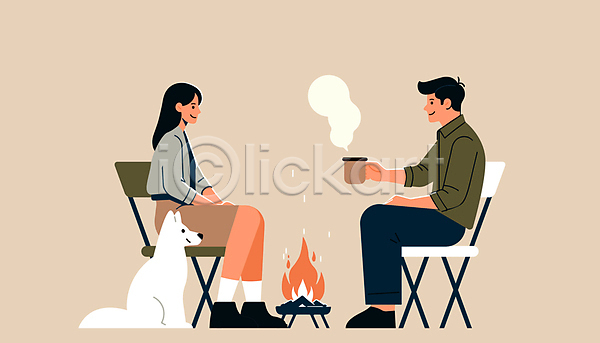 포근함 휴식 남자 두명 성인 성인만 여자 AI(파일형식) 일러스트 갈색 대화 들기 모닥불 반려견 앉기 야외 전신 커플 커피잔 한마리