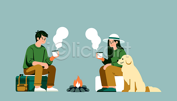 휴식 남자 두명 성인 성인만 여자 AI(파일형식) 일러스트 개 들기 머그컵 모닥불 반려견 앉기 전신 캠핑 캠핑박스 커플 한마리