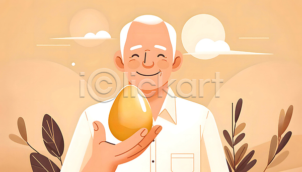행복 남자 노년 노인남자한명만 한명 JPG 디지털합성 일러스트 구름(자연) 미소(표정) 백그라운드 상반신 연금 태양 편집소스 풀잎 할아버지 황금알