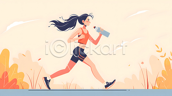 성인 성인여자한명만 여자 한명 JPG 디지털합성 일러스트 노란색 달리기 러닝 물병 백그라운드 식물 운동복 전신 조깅 편집소스 헤드셋