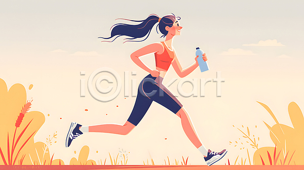 성인 성인여자한명만 여자 한명 JPG 디지털합성 일러스트 노란색 달리기 러닝 물병 백그라운드 식물 운동복 전신 조깅 편집소스 헤드셋