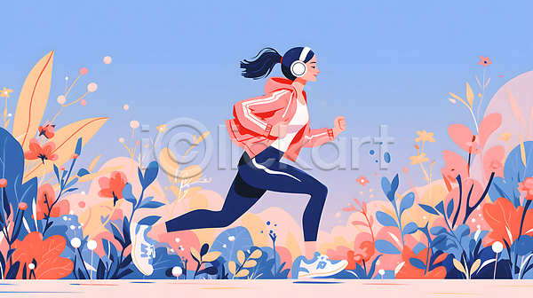 성인 성인여자한명만 여자 한명 JPG 디지털합성 일러스트 달리기 러닝 백그라운드 식물 운동복 전신 조깅 파란색 편집소스 헤드셋