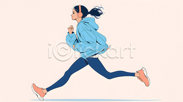 성인 성인여자한명만 여자 한명 JPG 디지털합성 일러스트 달리기 러닝 백그라운드 베이지색 운동복 전신 조깅 편집소스 헤드셋