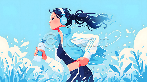 성인 성인여자한명만 여자 한명 JPG 디지털합성 일러스트 구름(자연) 달리기 러닝 물병 백그라운드 상반신 식물 운동복 조깅 파란색 편집소스 헤드셋