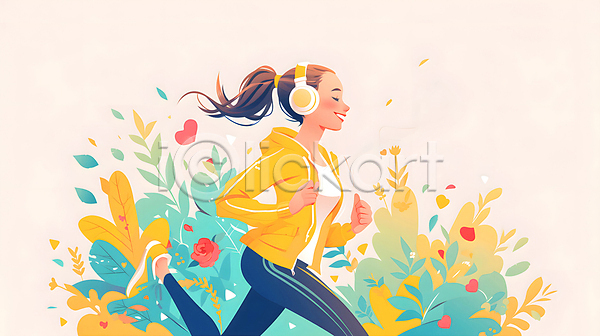 성인 성인여자한명만 여자 한명 JPG 디지털합성 일러스트 노란색 달리기 러닝 백그라운드 상반신 식물 운동복 조깅 편집소스 헤드셋