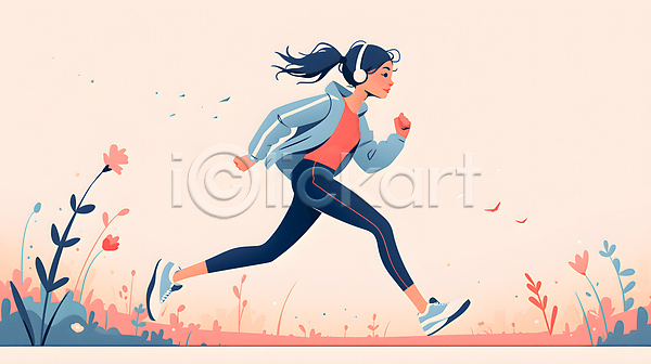 성인 성인여자한명만 여자 한명 JPG 디지털합성 일러스트 달리기 러닝 백그라운드 베이지색 식물 운동복 전신 조깅 편집소스 헤드셋