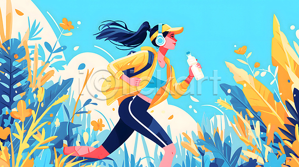 성인 성인여자한명만 여자 한명 JPG 디지털합성 일러스트 달리기 러닝 물병 백그라운드 상반신 식물 운동복 조깅 파란색 편집소스 헤드셋