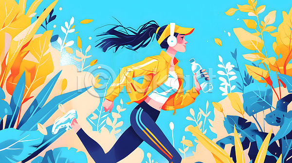 성인 성인여자한명만 여자 한명 JPG 디지털합성 일러스트 달리기 러닝 물병 백그라운드 상반신 식물 운동복 조깅 파란색 편집소스 헤드셋