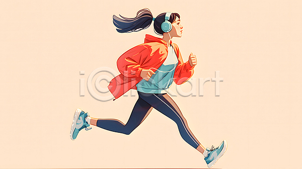 성인 성인여자한명만 여자 한명 JPG 디지털합성 일러스트 달리기 러닝 백그라운드 베이지색 운동복 전신 조깅 편집소스 헤드셋