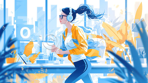 성인 성인여자한명만 여자 한명 JPG 디지털합성 일러스트 달리기 러닝 백그라운드 상반신 식물 운동복 조깅 파란색 편집소스 헤드셋