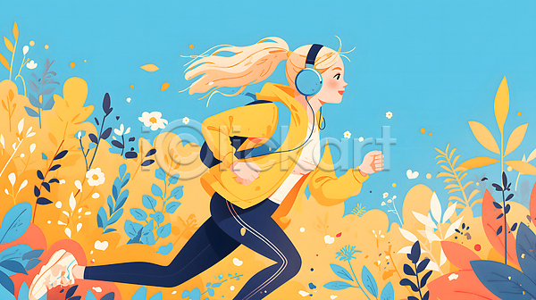 성인 성인여자한명만 여자 한명 JPG 디지털합성 일러스트 노란색 달리기 러닝 백그라운드 식물 운동복 전신 조깅 편집소스 헤드셋