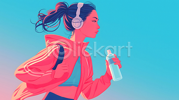 성인 성인여자한명만 여자 한명 JPG 디지털합성 일러스트 달리기 러닝 물병 백그라운드 상반신 운동복 조깅 파란색 편집소스 헤드셋