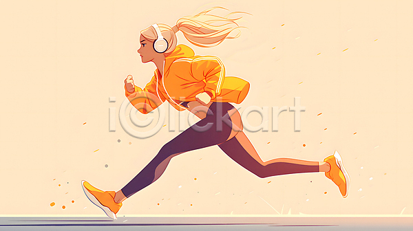 성인 성인여자한명만 여자 한명 JPG 디지털합성 일러스트 노란색 달리기 러닝 백그라운드 운동복 전신 조깅 편집소스 헤드셋
