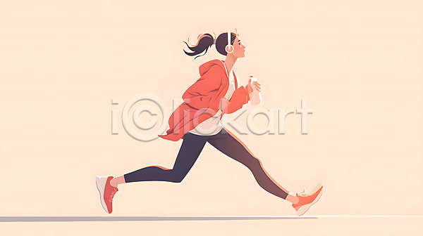 성인 성인여자한명만 여자 한명 JPG 디지털합성 일러스트 달리기 러닝 물병 백그라운드 베이지색 운동복 전신 조깅 편집소스 헤드셋