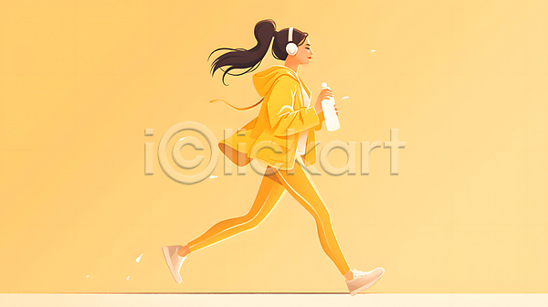 성인 성인여자한명만 여자 한명 JPG 디지털합성 일러스트 노란색 달리기 러닝 물병 백그라운드 운동복 전신 조깅 편집소스 헤드셋