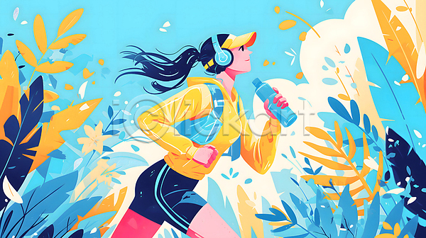 성인 성인여자한명만 여자 한명 JPG 디지털합성 일러스트 구름(자연) 달리기 러닝 물병 백그라운드 상반신 식물 운동복 조깅 파란색 편집소스 헤드셋