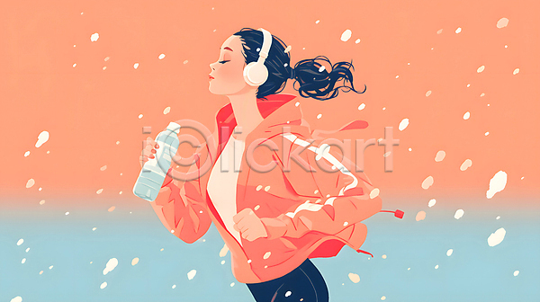 성인 성인여자한명만 여자 한명 JPG 디지털합성 일러스트 달리기 러닝 물병 백그라운드 상반신 운동복 조깅 주황색 편집소스 헤드셋