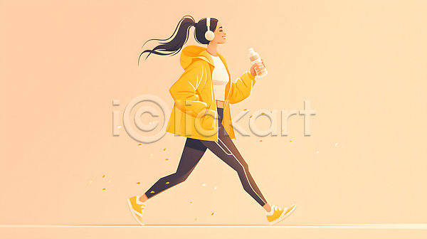 성인 성인여자한명만 여자 한명 JPG 디지털합성 일러스트 노란색 달리기 러닝 물병 백그라운드 운동복 전신 조깅 편집소스 헤드셋