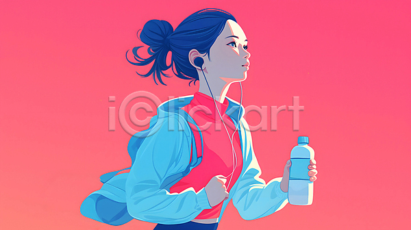 성인 성인여자한명만 여자 한명 JPG 디지털합성 일러스트 달리기 러닝 물병 백그라운드 빨간색 상반신 운동복 조깅 편집소스 헤드셋