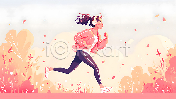 성인 성인여자한명만 여자 한명 JPG 디지털합성 일러스트 달리기 러닝 백그라운드 빨간색 식물 운동복 전신 조깅 편집소스 헤드셋