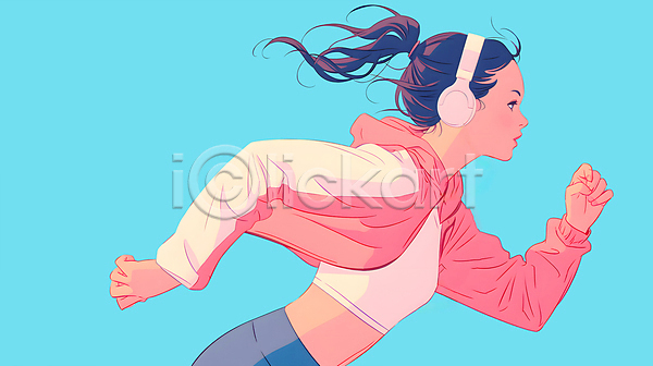 성인 성인여자한명만 여자 한명 JPG 디지털합성 일러스트 달리기 러닝 백그라운드 상반신 운동복 조깅 파란색 편집소스 헤드셋