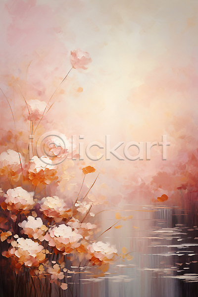 빈티지 사람없음 JPG 일러스트 꽃 물 백그라운드 분홍색 연못 유화 카피스페이스 풍경(경치)
