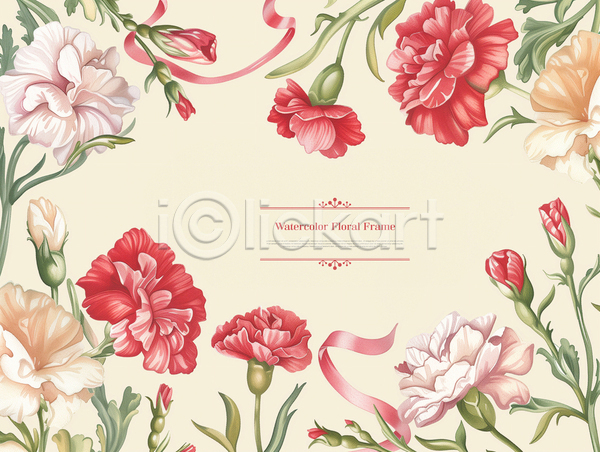 사람없음 PSD 템플릿 꽃 리본 백그라운드 봄 빨간색 수채화(물감) 카피스페이스 풀잎 프레임