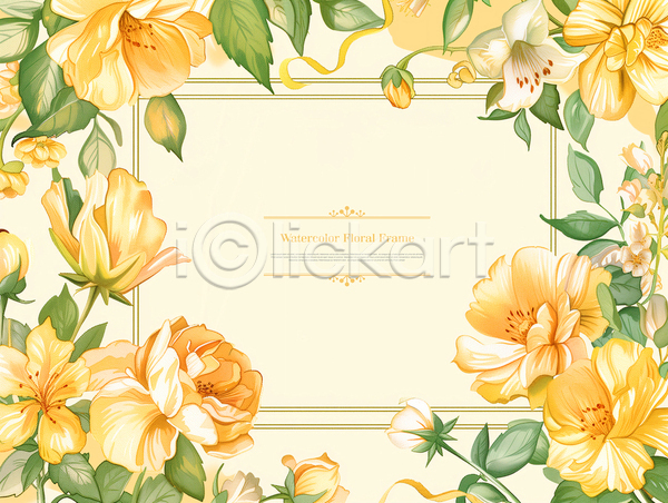 사람없음 PSD 템플릿 꽃 노란색 리본 백그라운드 봄 수채화(물감) 카피스페이스 풀잎 프레임