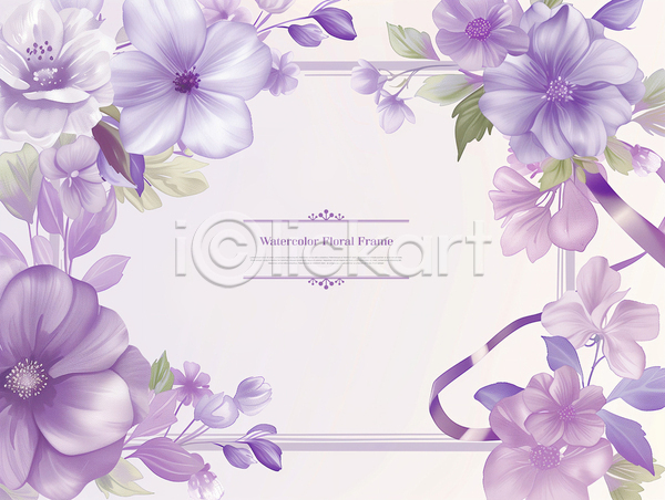 사람없음 PSD 템플릿 꽃 리본 백그라운드 보라색 봄 수채화(물감) 카피스페이스 풀잎 프레임