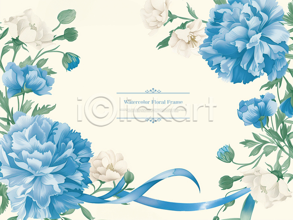 사람없음 PSD 템플릿 꽃 리본 백그라운드 봄 수채화(물감) 카피스페이스 파란색 풀잎 프레임