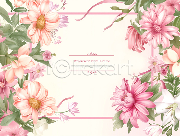 사람없음 PSD 템플릿 꽃 리본 백그라운드 봄 분홍색 수채화(물감) 카피스페이스 풀잎 프레임