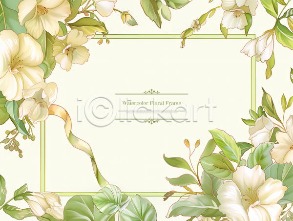 사람없음 PSD 템플릿 꽃 리본 백그라운드 봄 수채화(물감) 초록색 카피스페이스 풀잎 프레임
