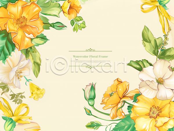 사람없음 PSD 템플릿 꽃 노란색 백그라운드 봄 수채화(물감) 카피스페이스 풀잎 프레임