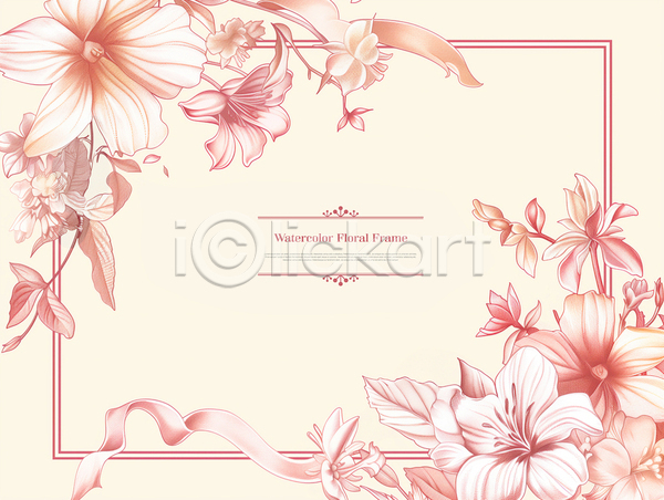 사람없음 PSD 템플릿 꽃 리본 백그라운드 봄 분홍색 수채화(물감) 카피스페이스 풀잎 프레임