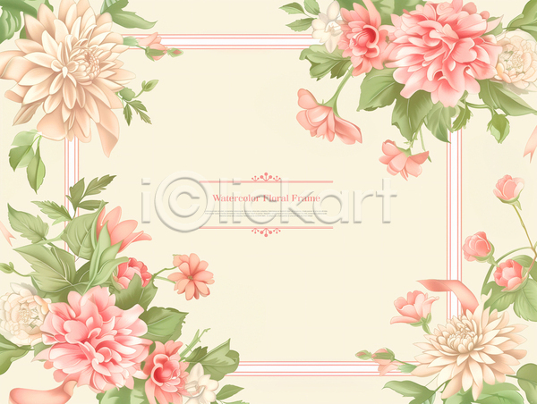사람없음 PSD 템플릿 꽃 백그라운드 봄 분홍색 수채화(물감) 카피스페이스 풀잎 프레임