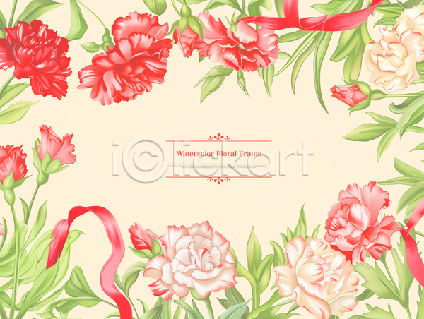 사람없음 PSD 템플릿 꽃 리본 백그라운드 봄 빨간색 수채화(물감) 카피스페이스 풀잎 프레임