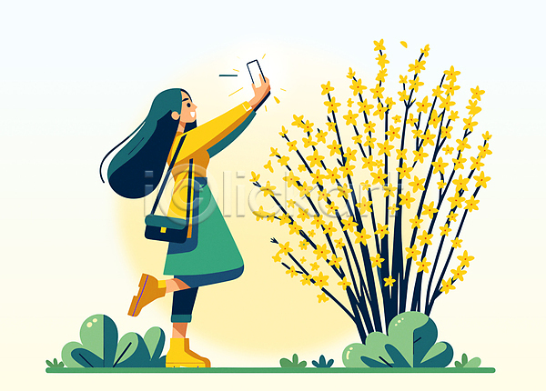 행복 성인 성인여자한명만 여자 한명 AI(파일형식) 일러스트 가방 개나리 꽃축제 노란색 다리들기 봄꽃 봄축제 스마트폰 인증샷 전신 촬영 풀잎