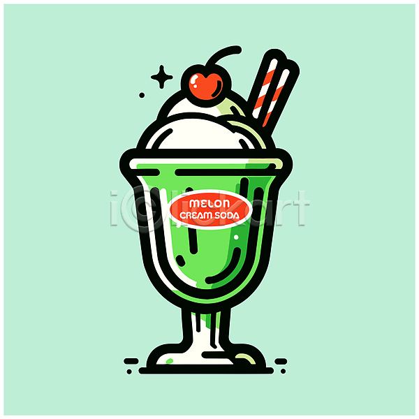 달콤 사람없음 AI(파일형식) 일러스트 디저트 멜론 민트색 반짝임 빨대 소다 아이스크림 에이드 음료 체리 초록색 크림 탄산