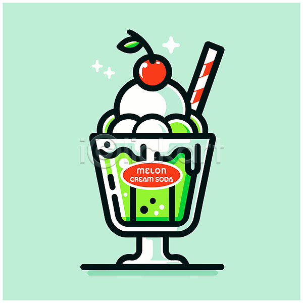 달콤 사람없음 AI(파일형식) 일러스트 디저트 멜론 민트색 반짝임 빨대 소다 아이스크림 에이드 음료 잎 체리 초록색 크림 탄산