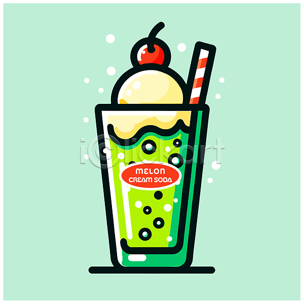 달콤 사람없음 AI(파일형식) 일러스트 디저트 멜론 민트색 빨대 소다 아이스크림 에이드 음료 체리 초록색 크림 탄산