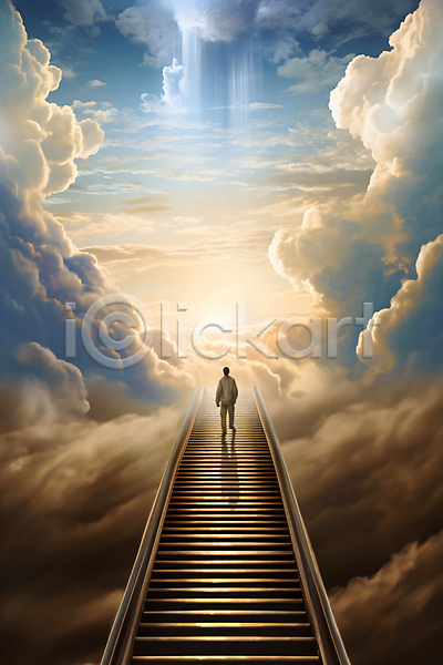 신비 희망 남자 사람 성인 성인남자한명만 한명 JPG 편집이미지 계단 구름(자연) 길 난간 빛 전신 천국 하늘