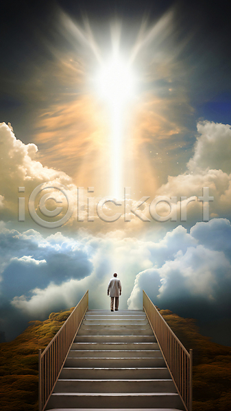 신비 희망 남자 사람 성인 성인남자한명만 한명 JPG 편집이미지 계단 구름(자연) 길 난간 빛 전신 천국 하늘