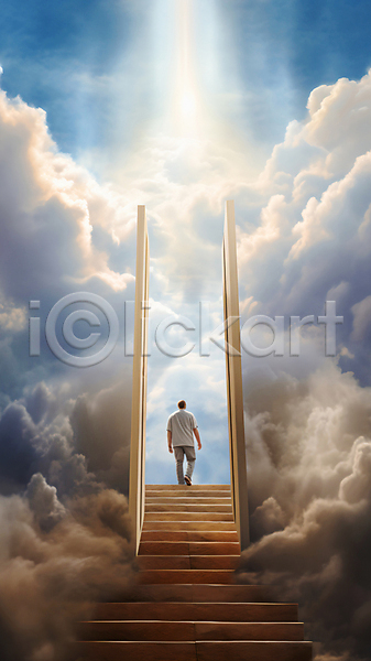 신비 희망 남자 사람 성인 성인남자한명만 한명 JPG 편집이미지 계단 구름(자연) 길 문 빛 입장 전신 천국 하늘