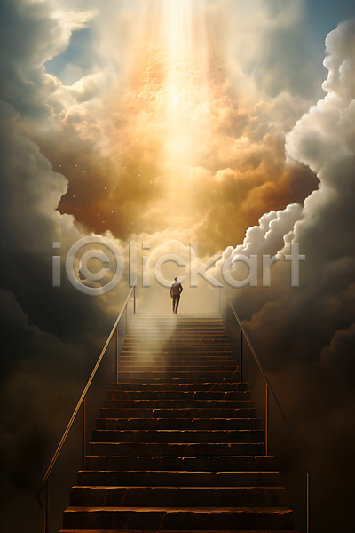 신비 희망 남자 사람 성인 성인남자한명만 한명 JPG 편집이미지 계단 구름(자연) 길 난간 빛 어둠 전신 천국 하늘