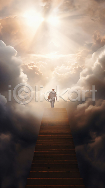 신비 희망 남자 사람 성인 성인남자한명만 한명 JPG 편집이미지 계단 구름(자연) 길 빛 어둠 오르기 전신 천국 하늘