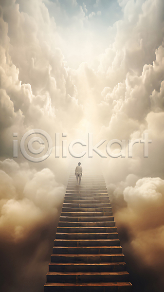 신비 희망 남자 사람 성인 성인남자한명만 한명 JPG 편집이미지 계단 구름(자연) 길 빛 오르기 전신 천국 하늘