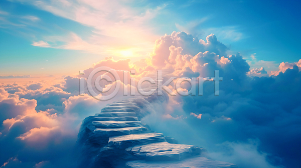 희망 사람없음 JPG 편집이미지 계단 구름(자연) 길 몽환 빛 안개 천국 하늘 햇빛
