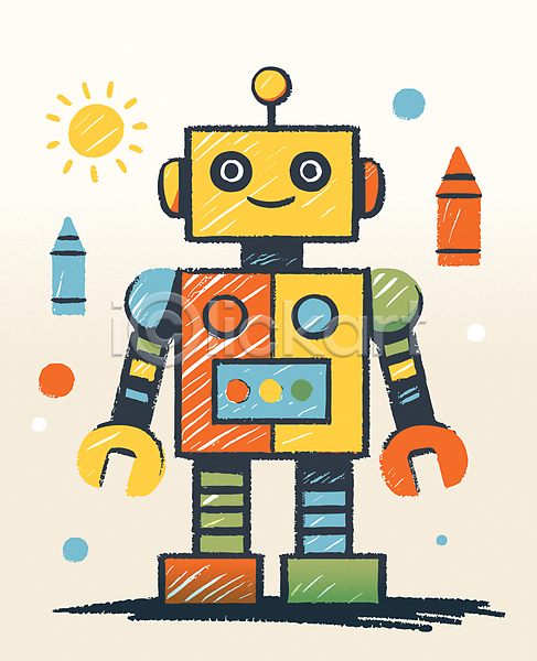 사람없음 어린이 AI(파일형식) 일러스트 거친 교육 노란색 로봇 미술 오브젝트 질감 크레파스 해