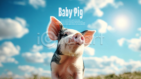 사람없음 PSD 편집이미지 동물 돼지 미소(표정) 아기돼지 카피스페이스 하늘 한마리